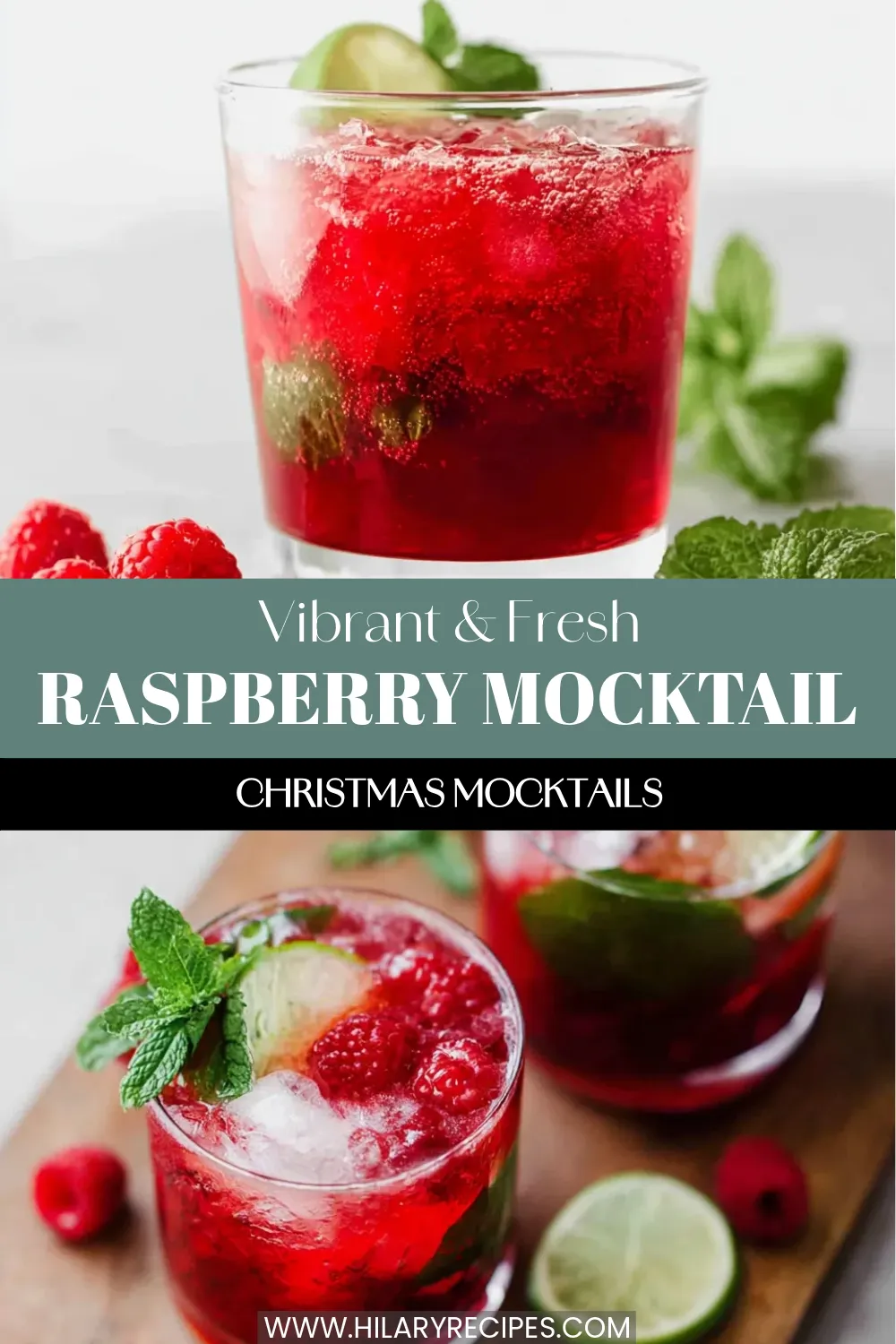 A vibrant red fresh raspberry mocktail in a clear glass, garnished with muddled mint leaves and a lime wheel.