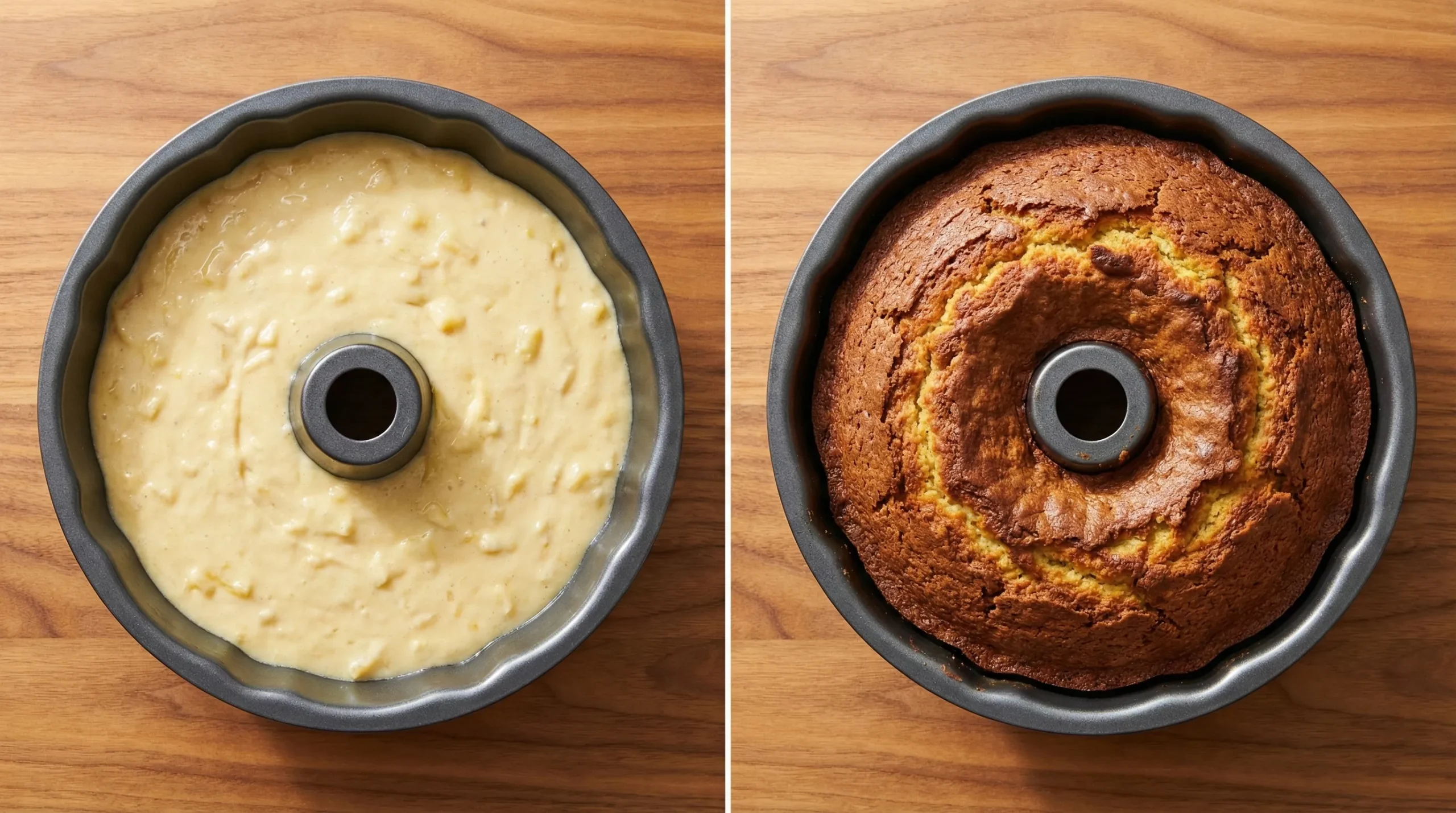 A side-by-side comparison showing raw pineapple pound cake batter in a bundt pan versus the fully baked, deep golden brown cake.