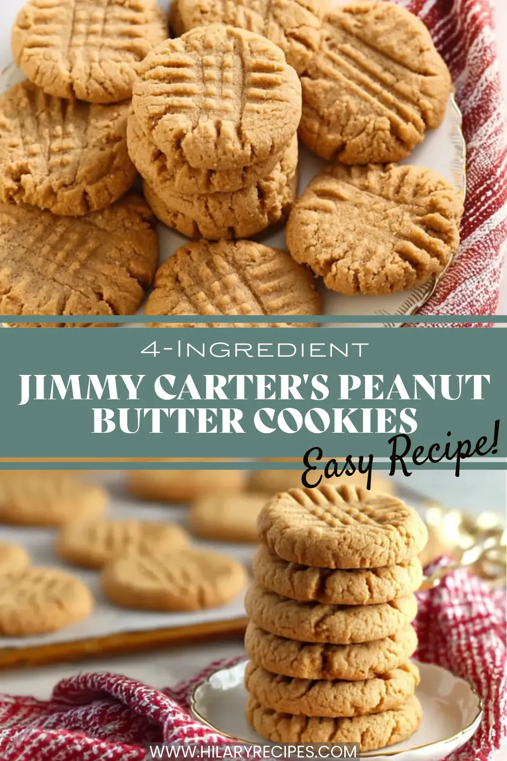 A vertical Pinterest pin showing stacks of 4-ingredient Jimmy Carter peanut butter cookies with the classic fork crosshatch pattern, captioned "Easy Recipe!".