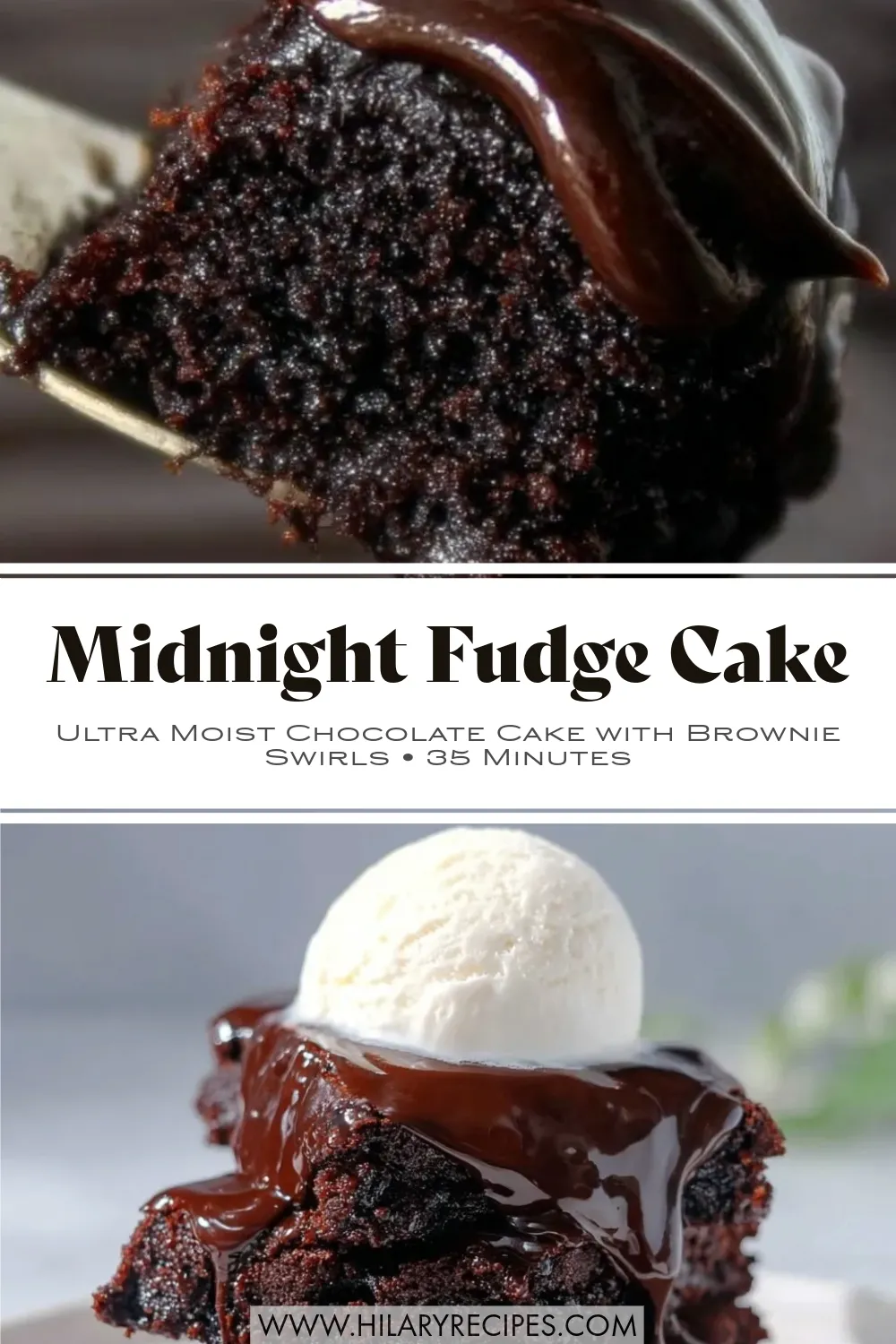 Midnight Fudge Cake pin A vertical Pinterest graphic for Midnight Fudge Cake. The top image shows a close-up of a dark, ultra-moist chocolate cake crumb dripping with glossy ganache on a gold server. The bottom image shows a slice of the cake served with a scoop of vanilla ice cream and hot fudge. Text overlays read "Midnight Fudge Cake: Ultra Moist Chocolate Cake with Brownie Swirls • 35 Minutes"