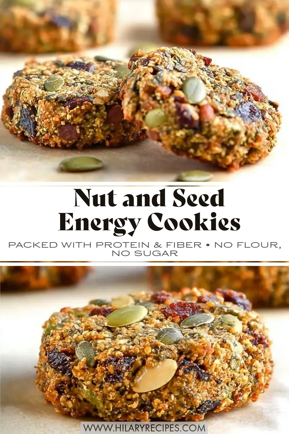 Nut and Seed Energy Cookies pin A Pinterest pin graphic featuring close-up shots of thick, chewy nut and seed energy cookies loaded with pumpkin seeds and dried fruit. The text overlay reads: "Nut and Seed Energy Cookies - Packed with Protein & Fiber • No Flour, No Sugar."