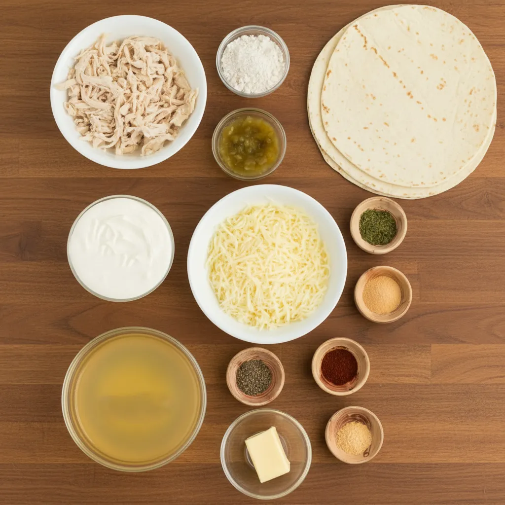 Overhead flat lay view of ingredients for Sour Cream Chicken Enchiladas arranged on a wooden surface, including shredded chicken, flour tortillas, shredded Monterey Jack cheese, sour cream, chicken broth, diced green chiles, butter, flour, and spices in small bowls.