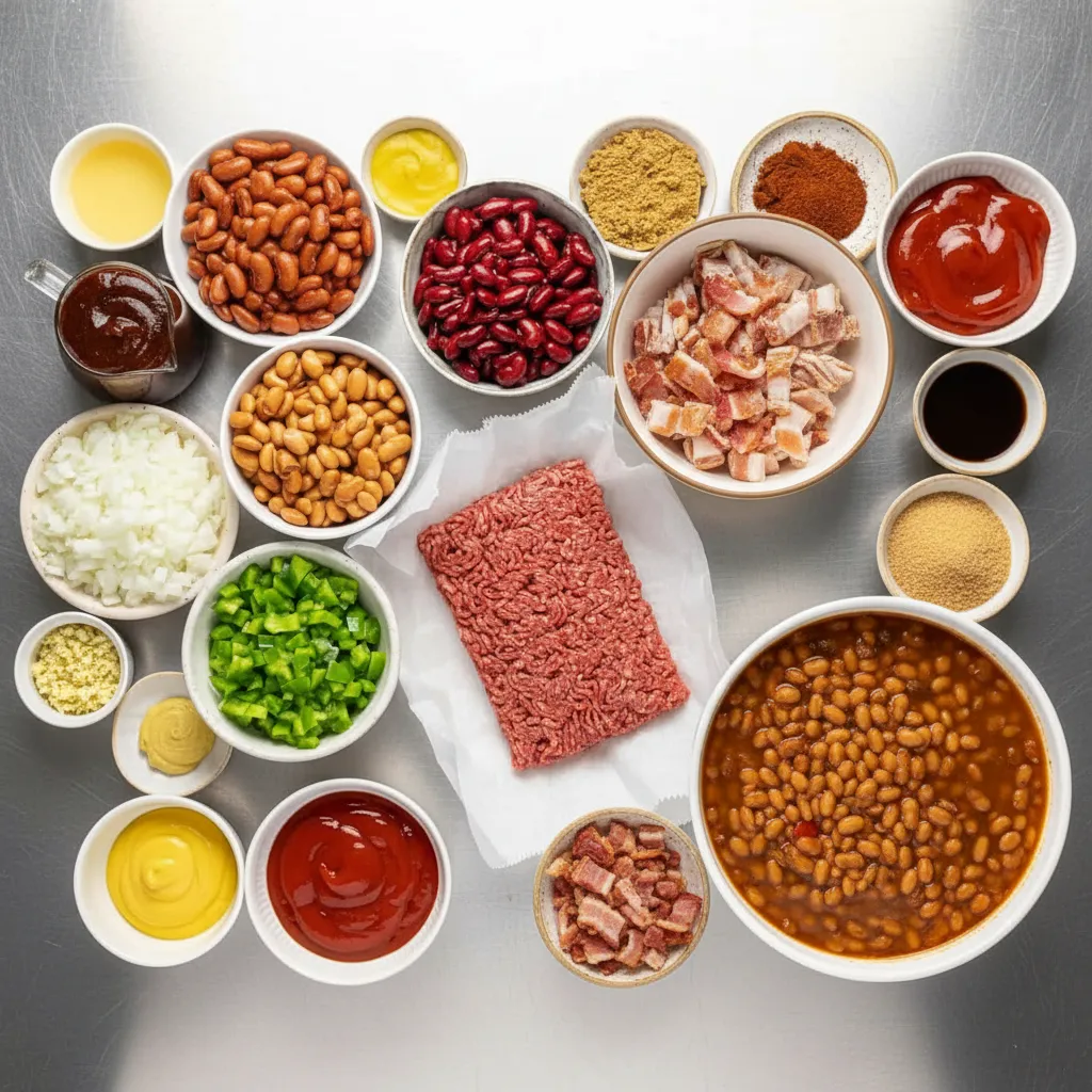 Flat lay of cowboy beans ingredients arranged on a work surface, featuring ground beef on parchment paper surrounded by bowls of chopped bacon, diced onions and green peppers, kidney beans, pinto beans, baked beans, and BBQ sauce components.