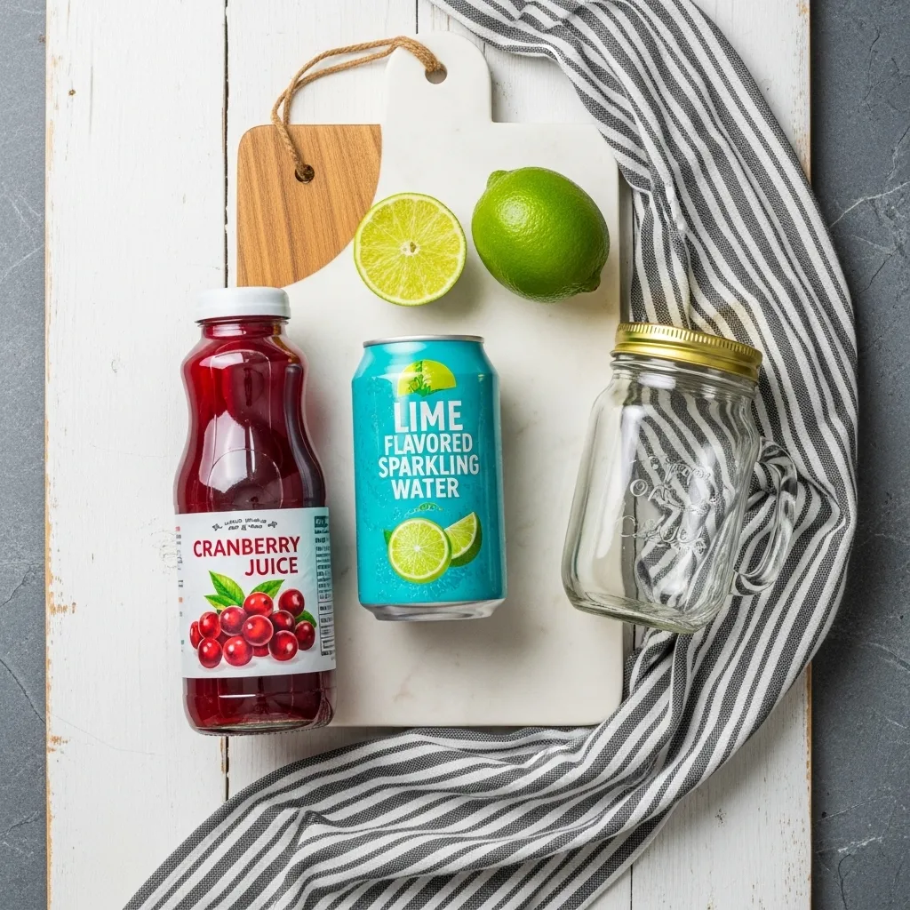 An overhead shot of ingredients for a cranberry mocktail, including a bottle of cranberry juice, a can of lime sparkling water, fresh limes, and an empty glass mug, all arranged on a white cutting board.
