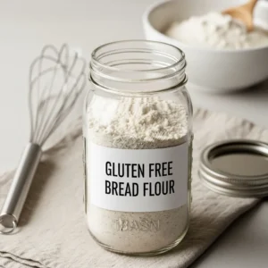 A glass mason jar filled with flour and labeled "GLUTEN FREE BREAD FLOUR," sitting on a cloth napkin. In the background, there is a whisk and a white bowl filled with more flour.