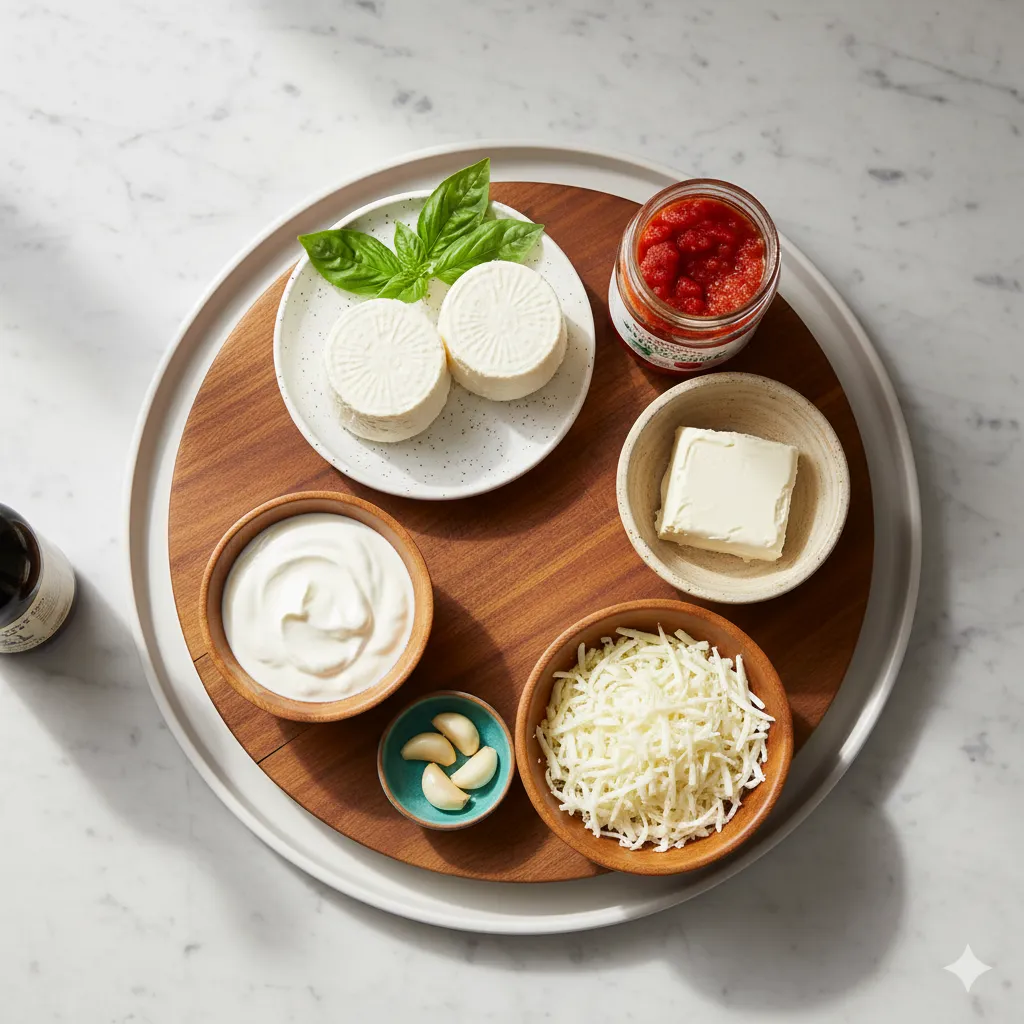 An overhead, flat-lay photo of the ingredients for baked goat cheese bruschetta dip, arranged on a round wooden tray. The ingredients include two logs of goat cheese with fresh basil, a jar of tomato bruschetta, a block of cream cheese, a bowl of shredded mozzarella, a bowl of Greek yogurt, and a small dish of garlic cloves.