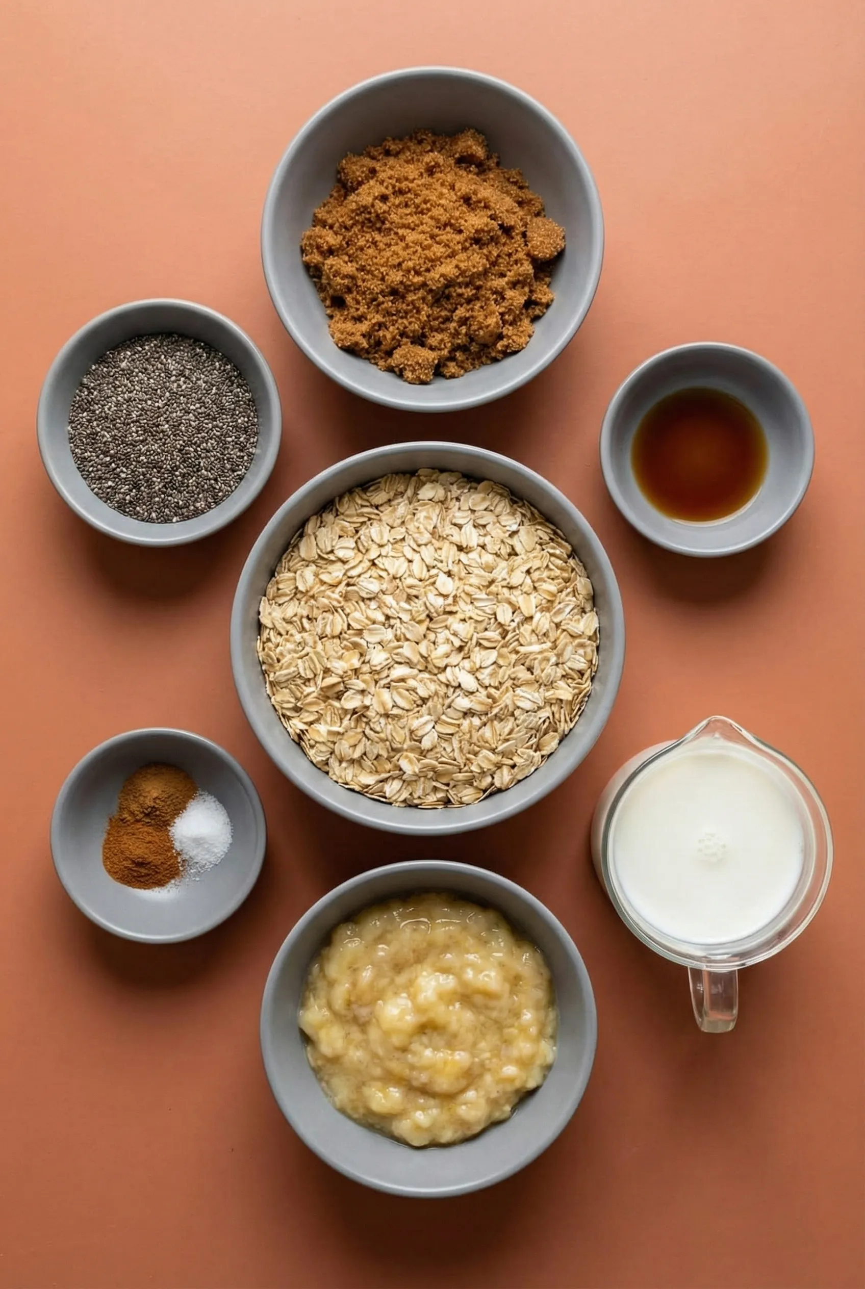A flat lay arrangement of ingredients for brown sugar overnight oats in grey bowls on a terracotta background. The spread includes a large bowl of rolled oats, brown sugar, chia seeds, milk, and flavor mix-ins like cinnamon and vanilla.