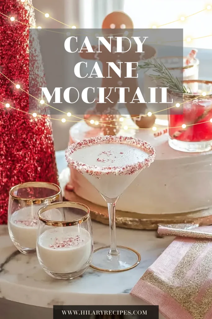 A close-up of two festive martini glasses filled with a creamy, pale pink Candy Cane Mocktail, each glass featuring a vibrant, crunchy rim of crushed red and white candy canes, ready for a holiday party.