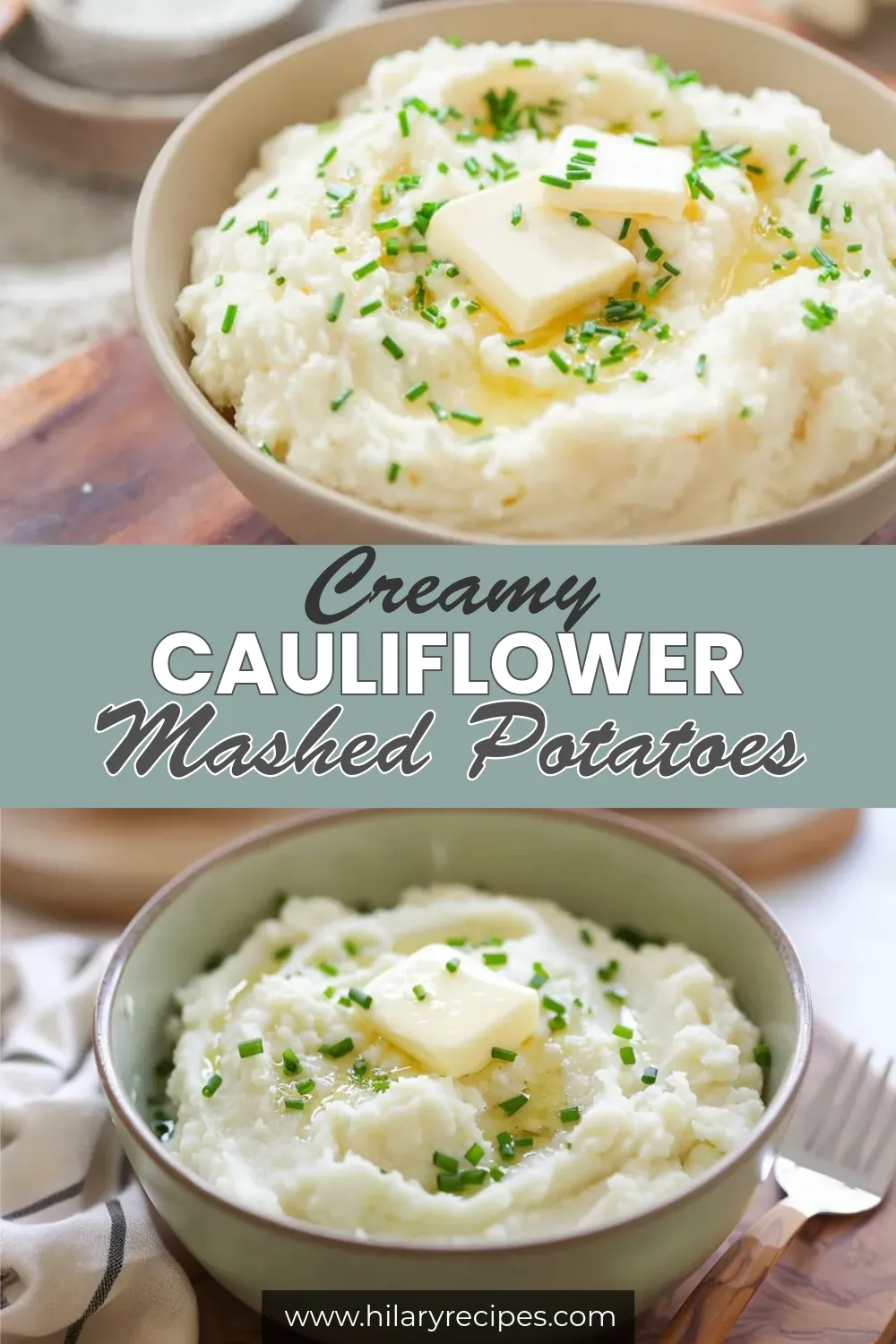 A two-panel collage showing bowls of creamy cauliflower mashed potatoes, topped with pats of melting butter and a sprinkle of fresh chives.