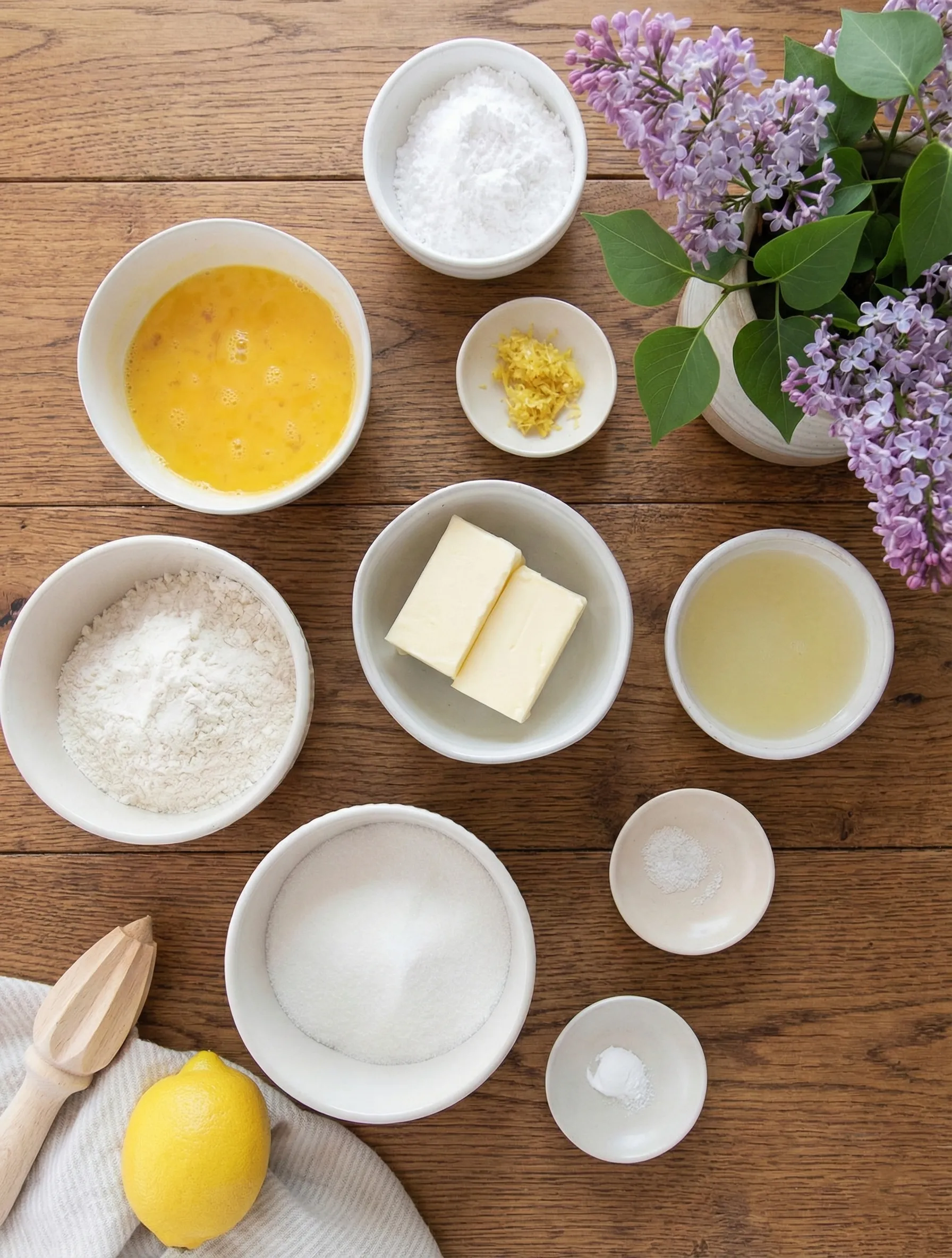 lemon bars ingredients_result Overhead flat lay of fresh lemon bar ingredients arranged on a wooden table, including bowls of flour, sugar, beaten eggs, butter sticks, lemon juice, and zest next to spring lilacs.
