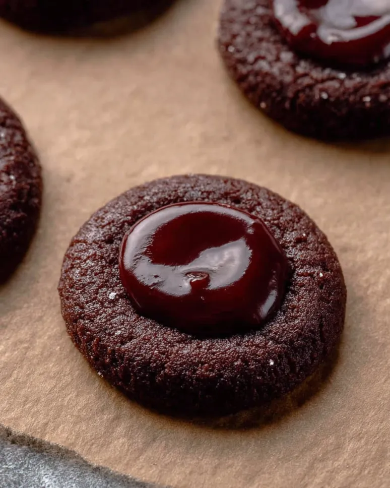 Extreme close-up of a chocolate thumbprint cookie on parchment paper, highlighting the glossy, dark chocolate cherry ganache filling and the textured cookie crumb.
