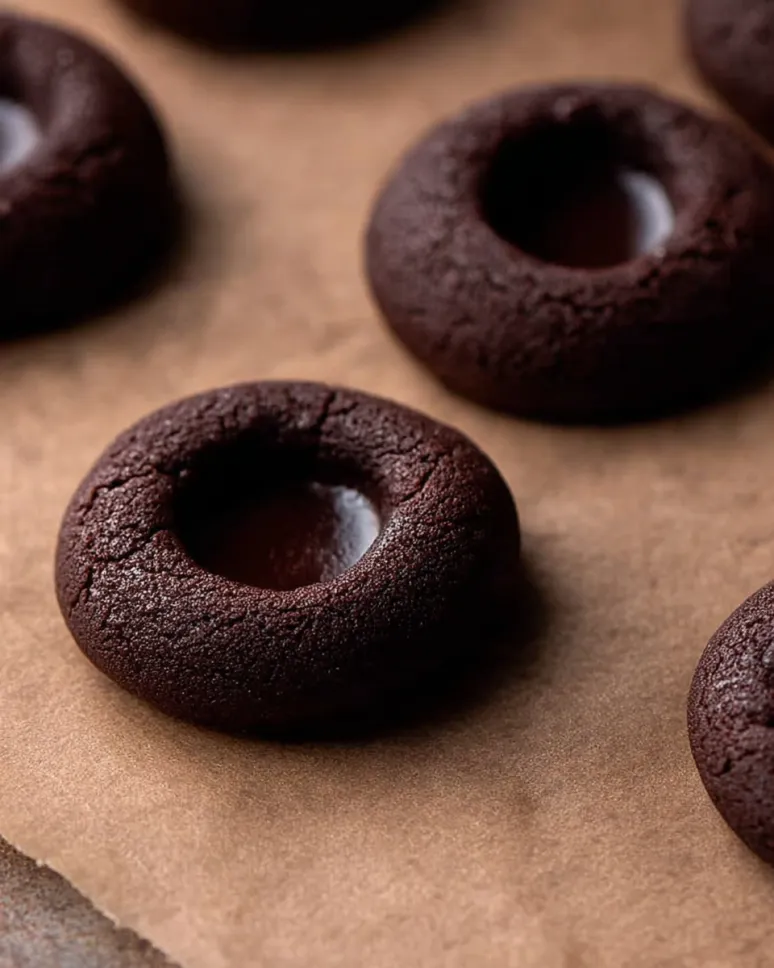 ngled close-up of baked dark chocolate thumbprint cookies on parchment paper, showing deep empty indentations ready for filling and a crinkled, fudgy texture.