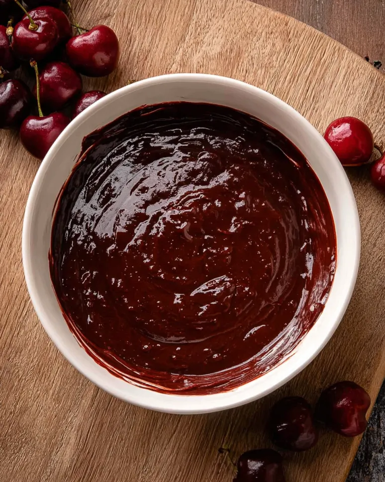Overhead view of a white bowl filled with glossy, swirled dark chocolate cherry ganache, surrounded by fresh dark red cherries on a wooden cutting board.