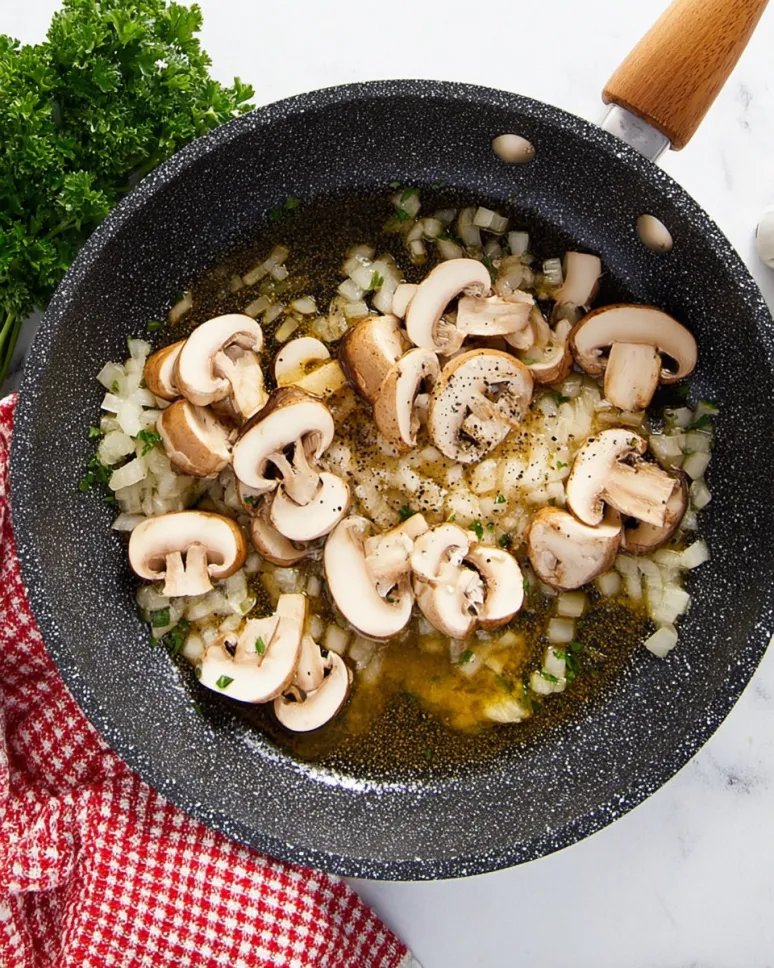 sliced mushrooms and diced onions sautéing Top-down view of sliced mushrooms and diced onions sautéing in a speckled skillet to build the mushroom gravy base for homemade Salisbury steak.