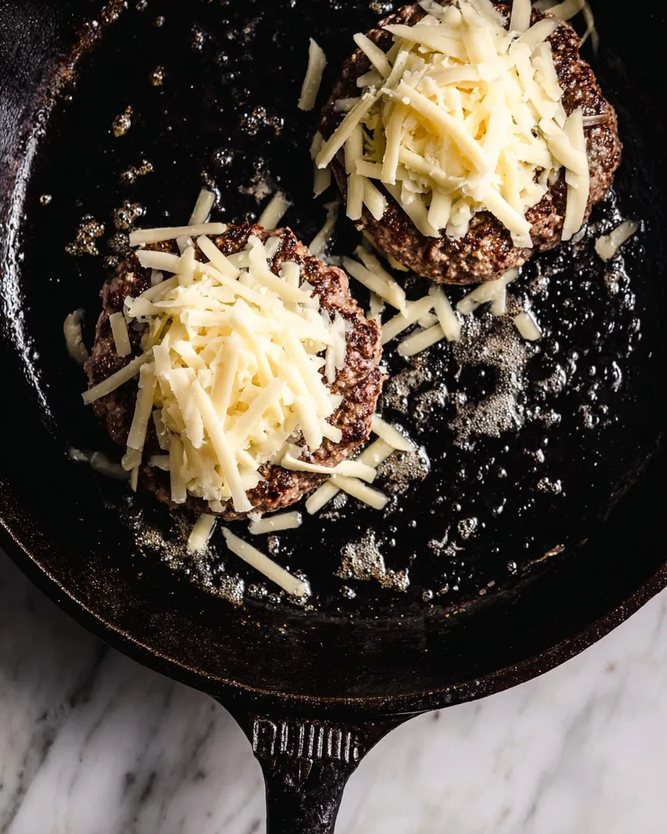 ground beef burger patties topped with grated Gruyere Overhead shot of two ground beef burger patties topped with grated Gruyere and white cheddar cheese melting in a hot cast iron skillet.
