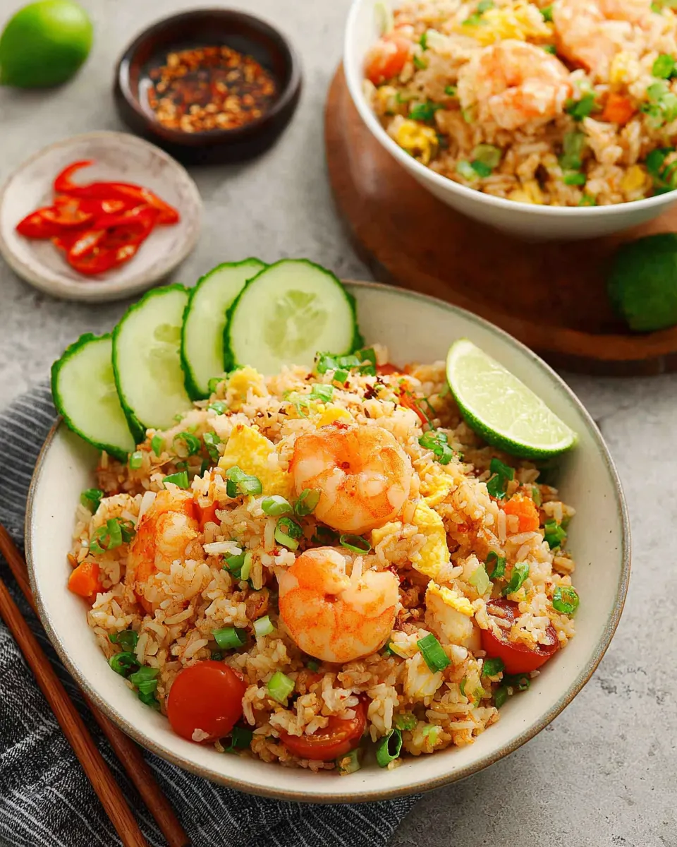 Easy Thai shrimp fried rice (Khao Pad Goong) in a white bowl with plump shrimp, egg, and vegetables, garnished with cucumber and a lime wedge.