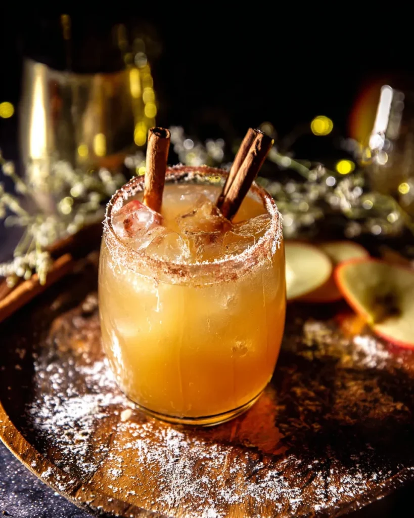 A Smoked Honeycrisp Mocktail in a glass with a cinnamon-sugar rim, garnished with two cinnamon sticks, sitting on a wooden tray dusted with powdered sugar and surrounded by apple slices and festive lights.