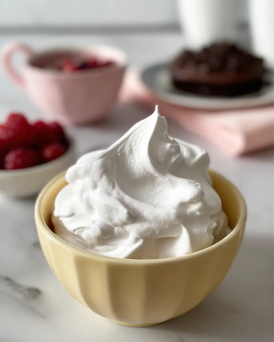 A light yellow bowl filled with a large, glossy swirl of white whipped topping, set in front of a blurry background containing fresh raspberries and a chocolate muffin.