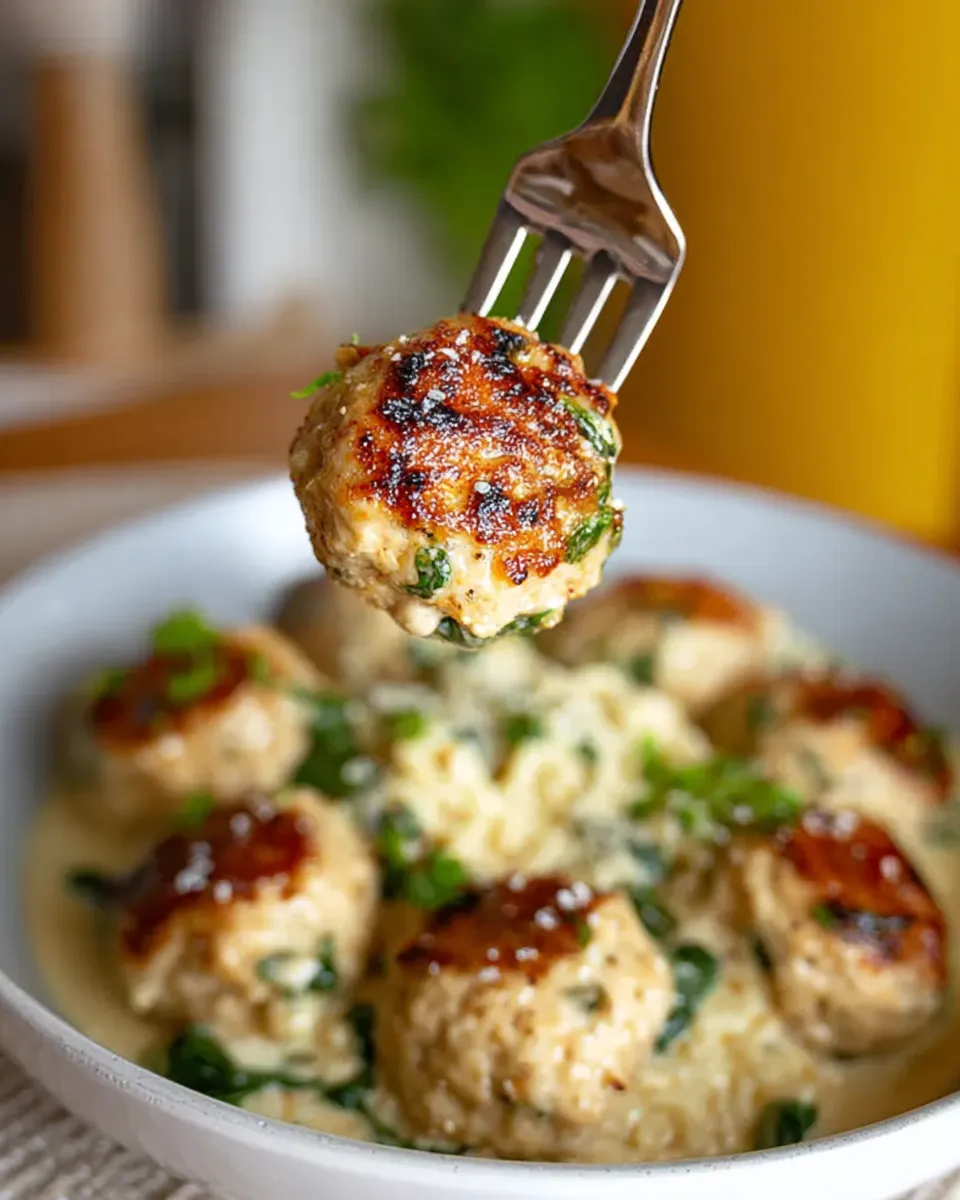 bowl of meatballs in creamy spinach alfredo sauce Close-up of a golden-brown chicken ricotta meatball held on a silver fork, displaying green herbs and a seared crust, with a bowl of meatballs in creamy spinach alfredo sauce blurred in the background.