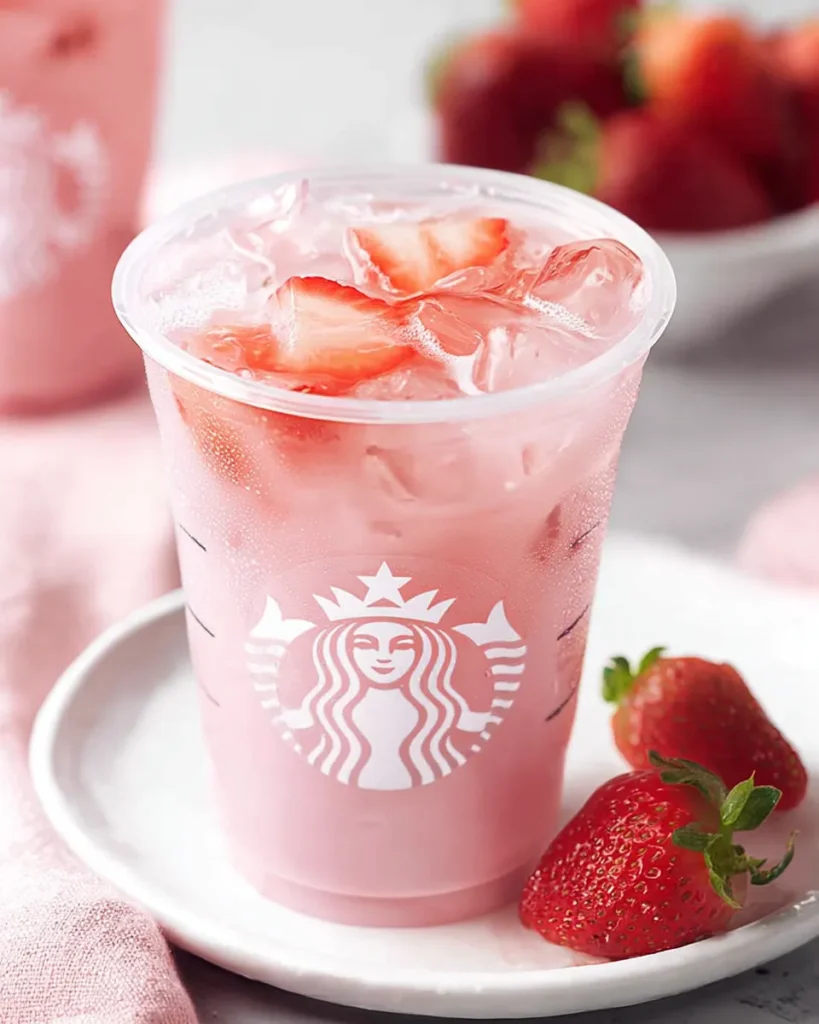 A finished homemade Starbucks Pink Drink in a plastic cup, filled with ice and fresh strawberry slices, resting on a white plate with two whole strawberries.