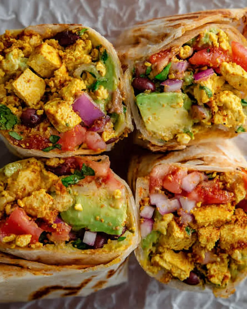 Recipes blog articles
Custom Gem
Here are the alt text, caption, and description for the image, positioned as a serving suggestion.

Alt Text
Four breakfast burritos cut in half and stacked, showing a packed filling of yellow tofu scramble, black beans, avocado slices, diced red onion, and tomatoes.