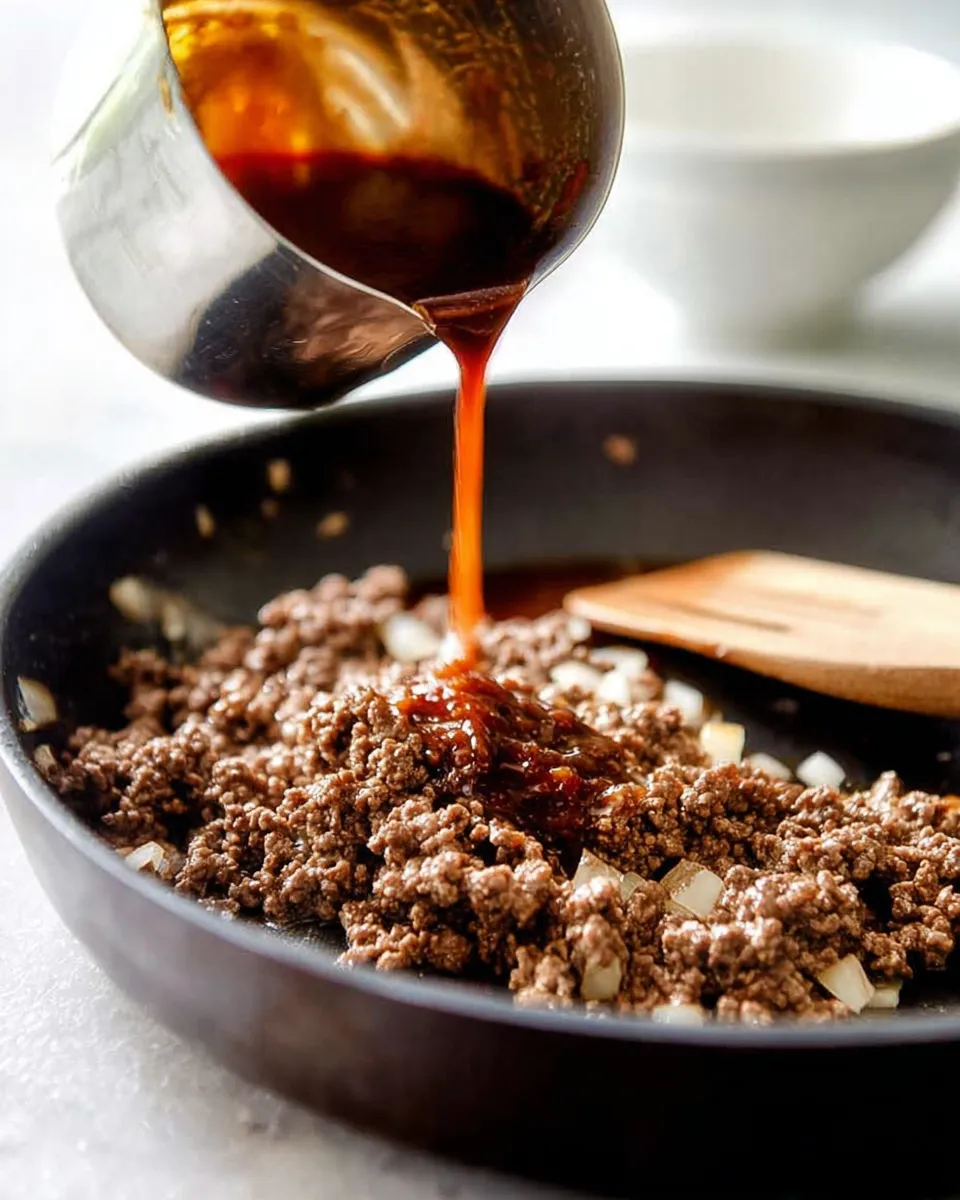 whisked sauce directly over the browned beef. Action shot of a thick, dark brown Korean BBQ sauce being poured from a metal cup onto browned ground beef and diced onions in a black skillet. A wooden spatula rests in the background.