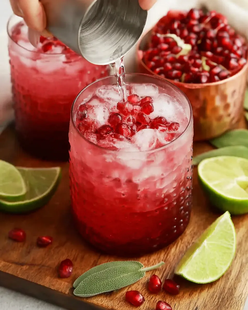 A hand pours sparkling water from a cocktail shaker into a textured glass filled with a red pomegranate mocktail, crushed ice, and pomegranate arils, set on a wooden board with lime wedges and sage leaves.