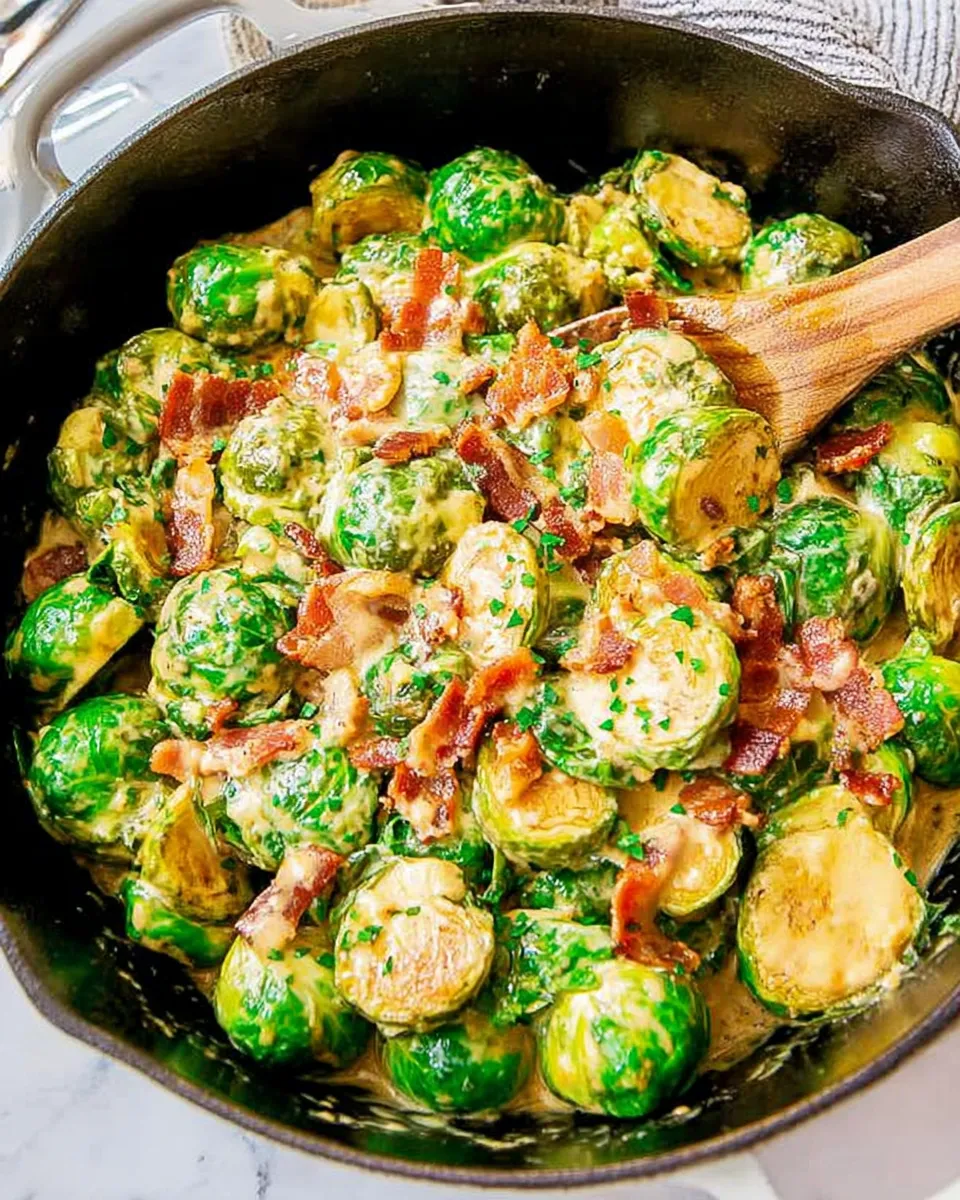creamy Brussels sprouts and crispy bacon pieces Top-down close-up view of a cast iron skillet filled with creamy Brussels sprouts and crispy bacon pieces, garnished with fresh herbs, with a wooden spoon resting in the pan.