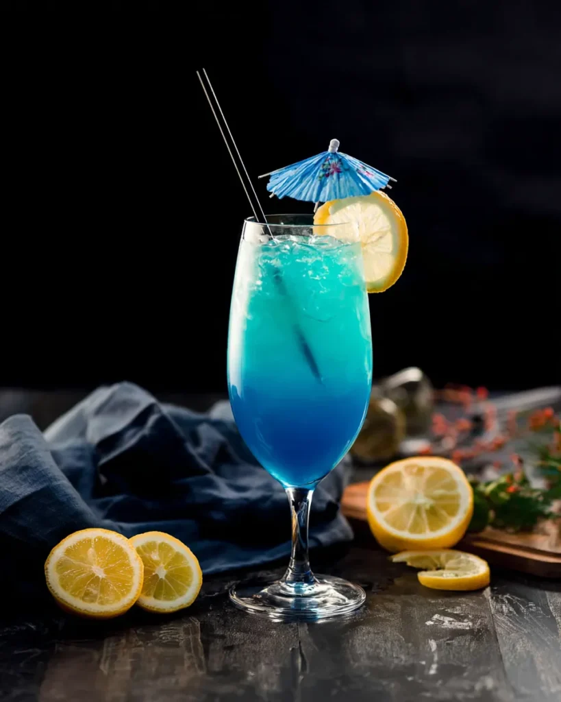 A tall, stemmed glass filled with a bright blue mocktail, garnished with a lemon slice, a blue paper umbrella, and a black straw against a dark background.