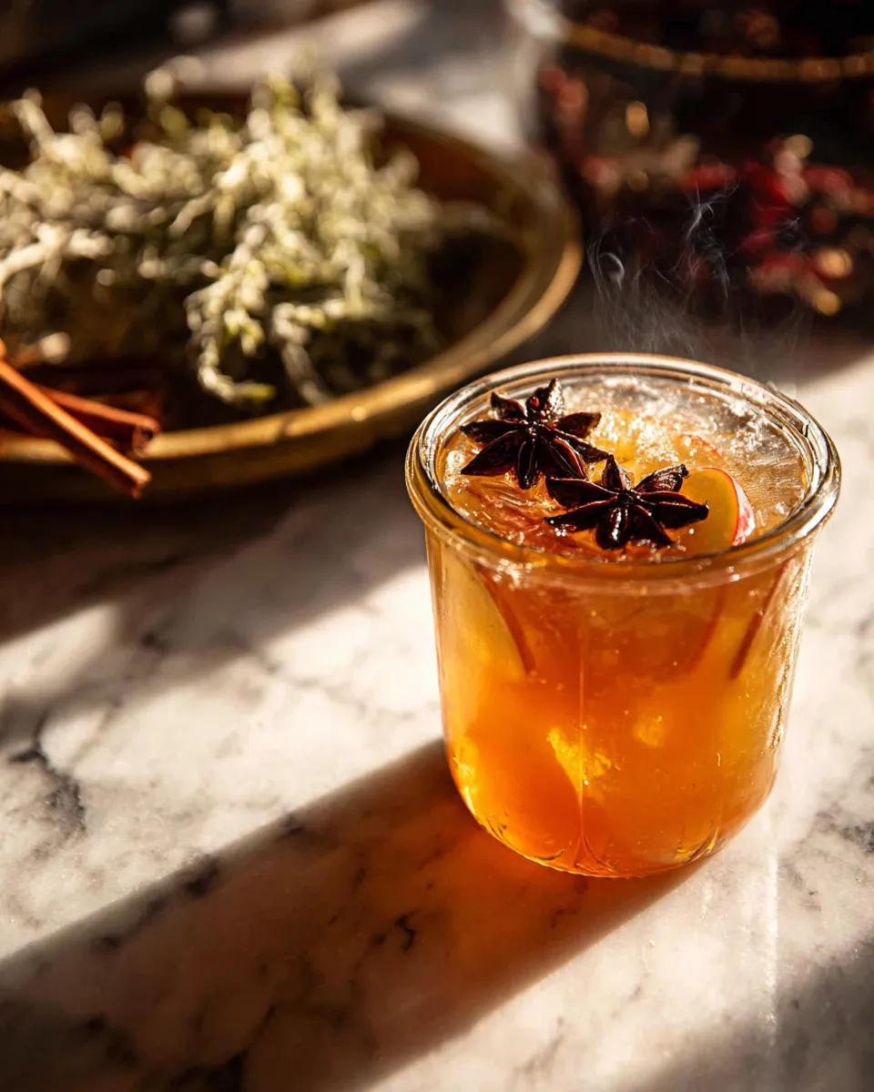 A Smoked Honeycrisp Mocktail in a textured glass jar, garnished with fanned apple slices and star anise, sitting on a white marble surface in bright, direct sunlight.