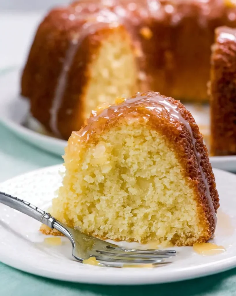 A slice of moist pineapple pound cake on a white dessert plate, topped with a glossy glaze and served with a silver fork, with the rest of the bundt cake visible in the background.