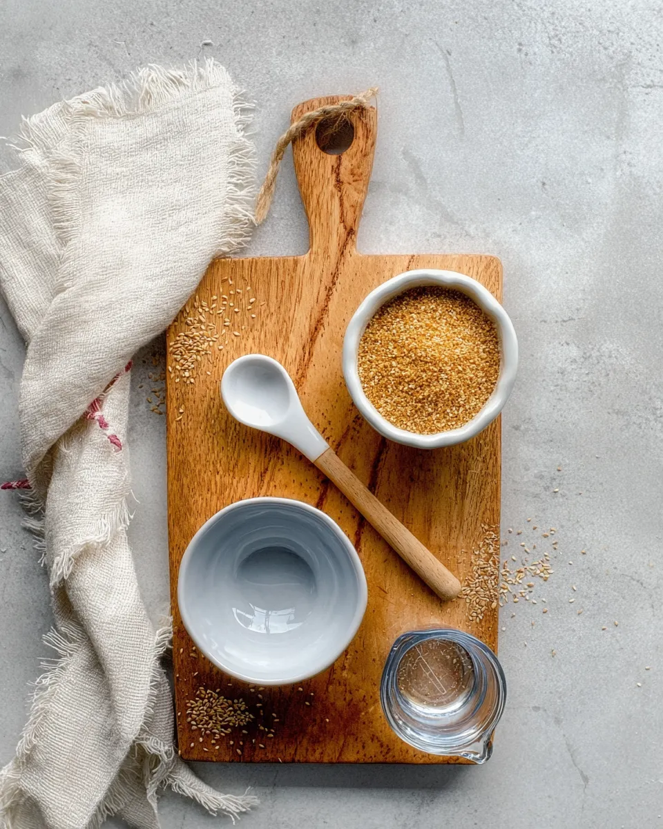 An overhead flat lay of ingredients for making a flax egg, including a small white bowl of ground flaxseed meal, an empty bowl, a small glass of water, and a spoon, all arranged on a wooden cutting board.