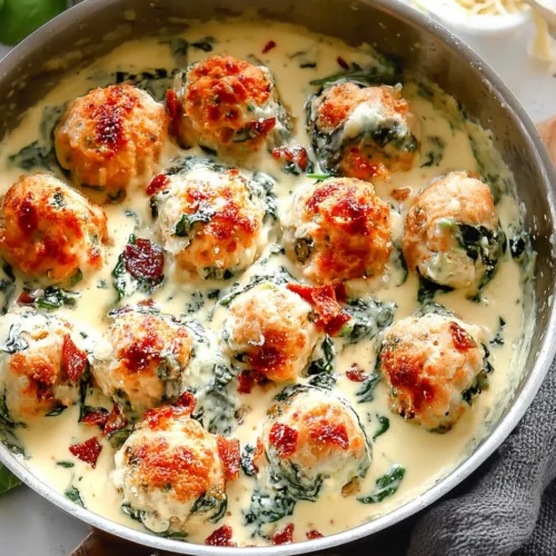 Overhead shot of golden brown chicken ricotta meatballs simmering in a creamy spinach alfredo sauce in a large stainless steel skillet, with a side of fettuccine pasta in the background.