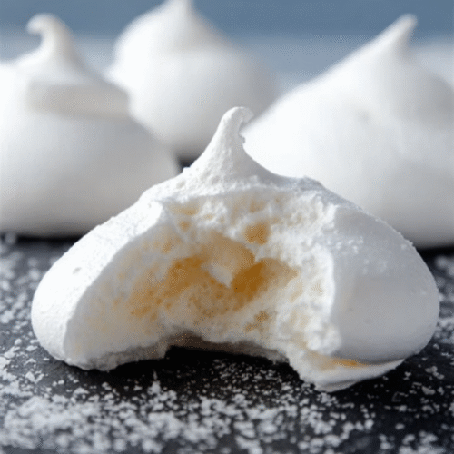 A close-up of a white meringue cookie with a bite taken out, revealing its light, airy, and pale-yellow interior. It rests on a dark, powder-dusted surface with more whole meringues blurred in the background.