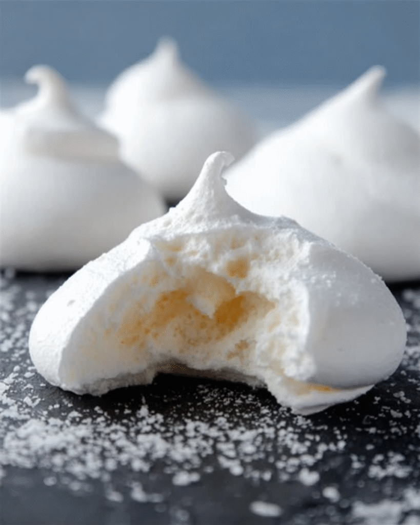 A close-up of a white meringue cookie with a bite taken out, revealing its light, airy, and pale-yellow interior. It rests on a dark, powder-dusted surface with more whole meringues blurred in the background.