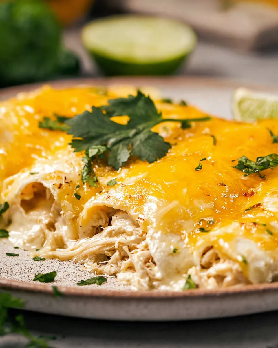 Close-up view of plated sour cream chicken enchiladas topped with melted Monterey Jack cheese and fresh cilantro, showing the creamy white sauce and tender shredded chicken filling inside.