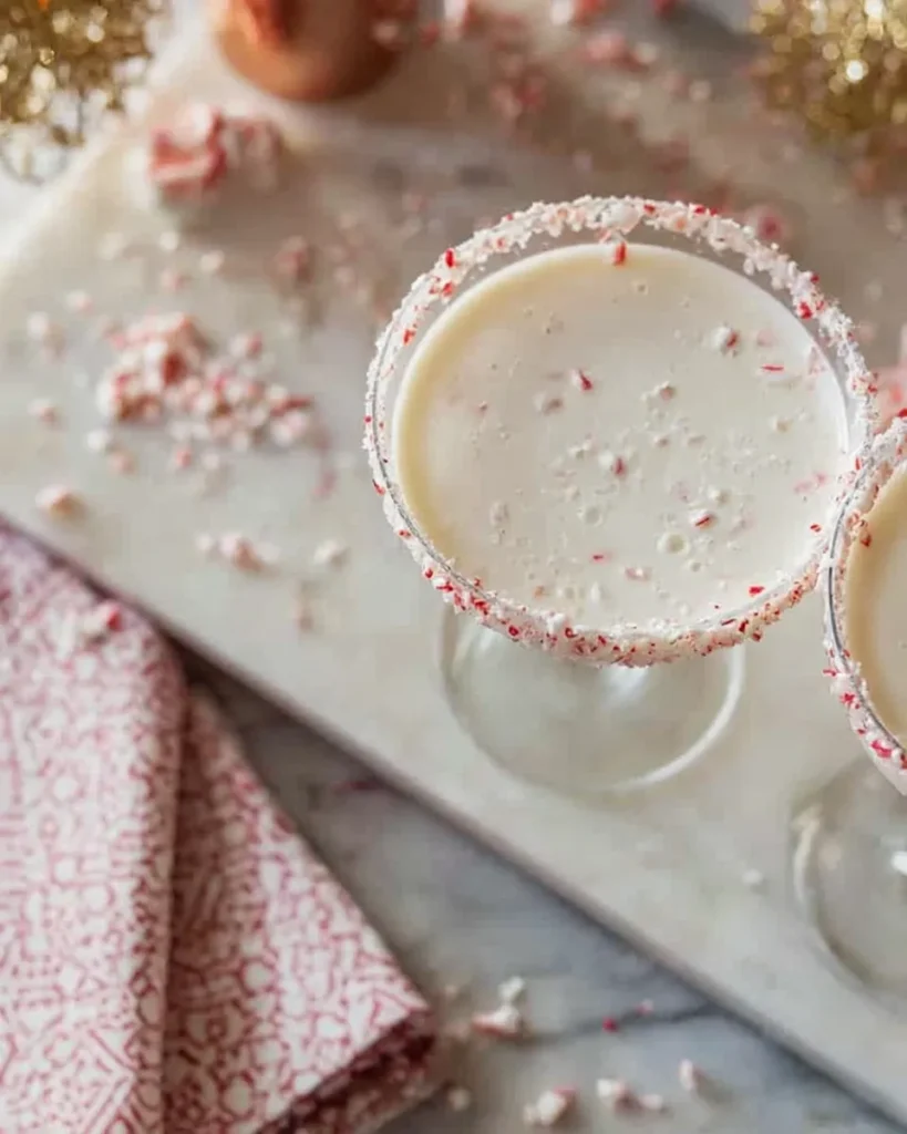 An overhead shot of a creamy candy cane mocktail served in a martini glass with a festive crushed candy cane rim, sitting on a white marble surface.