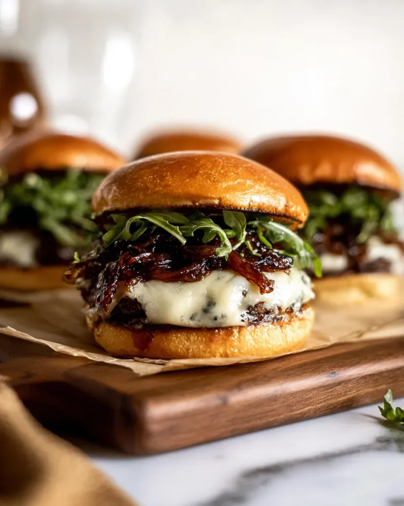Close-up of three French onion soup burgers with melted Gruyere cheese and rich caramelized onions stacked on toasted brioche buns, resting on a wooden cutting board.