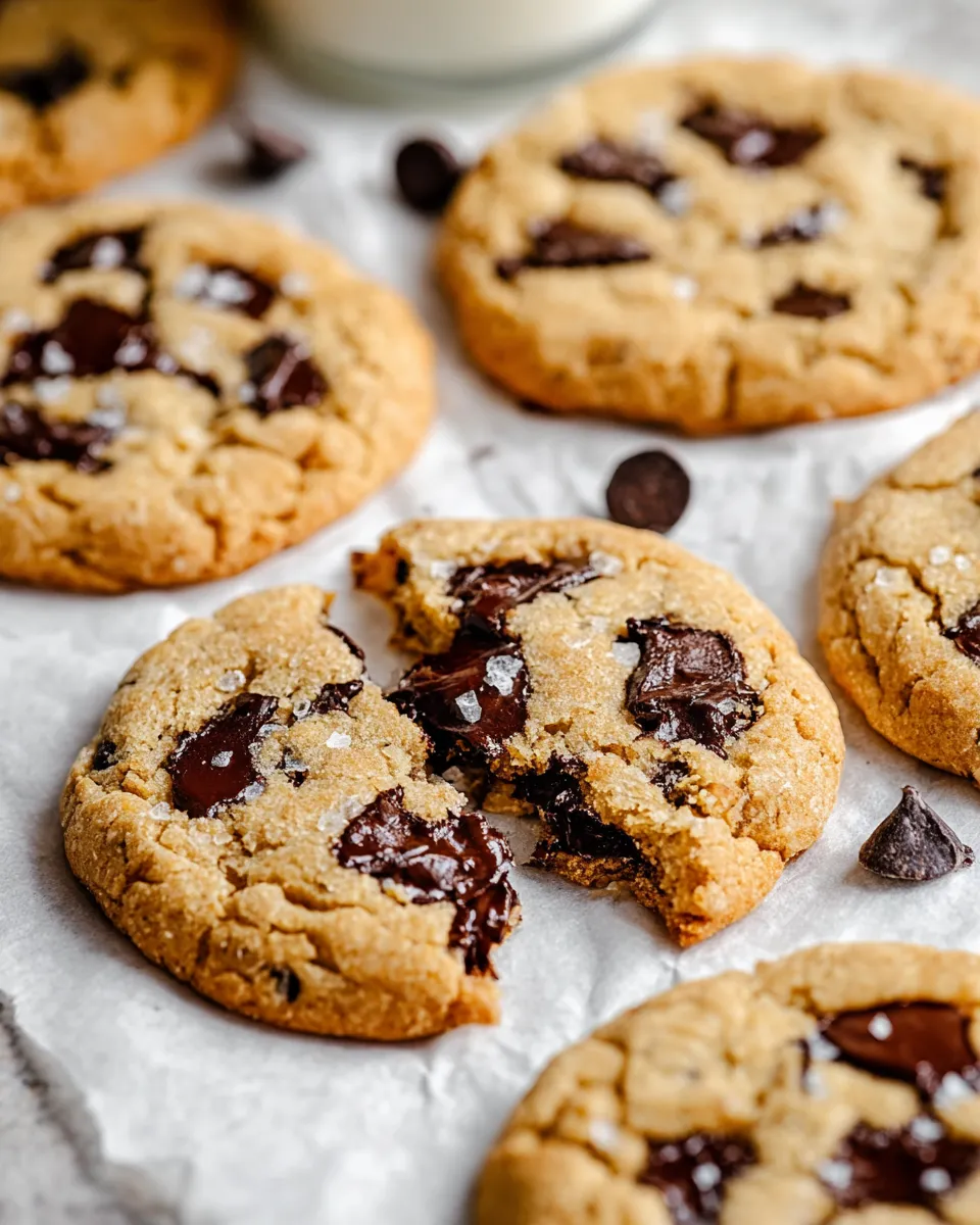 A close-up, angled shot of several chocolate chip cookies on white parchment paper. One cookie in the center is broken in half, revealing gooey, melted chocolate chunks inside. The cookies are sprinkled with flaky sea salt.