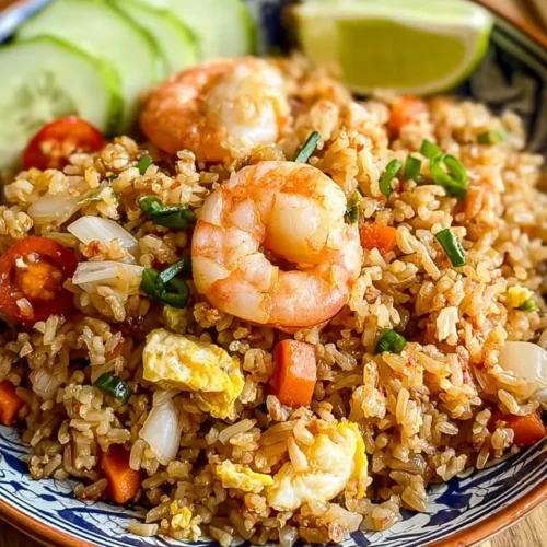A close-up of authentic Thai shrimp fried rice in a blue and white patterned bowl, showing plump shrimp, diced carrots, and egg.