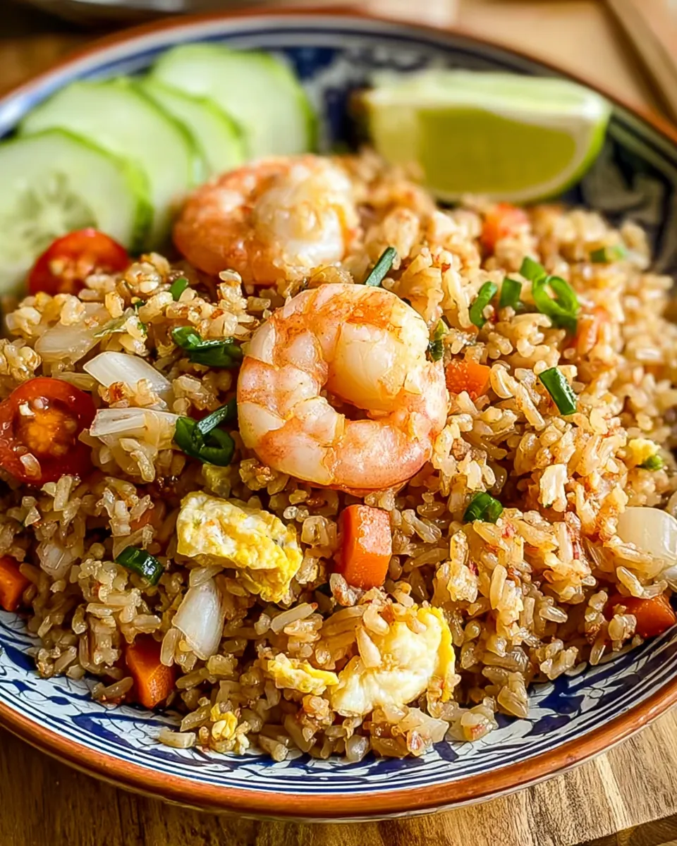 A close-up of authentic Thai shrimp fried rice in a blue and white patterned bowl, showing plump shrimp, diced carrots, and egg.
