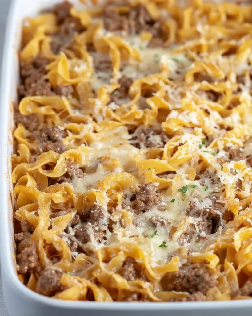 Hearty Amish Country Casserole in a white baking dish, filled with tender egg noodles, seasoned ground beef, and topped with grated Parmesan cheese and fresh parsley.