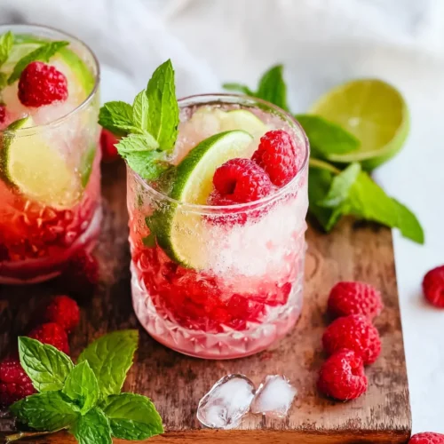Two glasses of vibrant red raspberry mocktails filled with crushed ice, garnished with fresh raspberries, mint sprigs, and lime wheels, sitting on a dark wooden board.