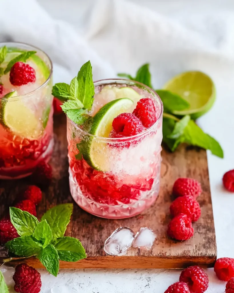 Two glasses of vibrant red raspberry mocktails filled with crushed ice, garnished with fresh raspberries, mint sprigs, and lime wheels, sitting on a dark wooden board.