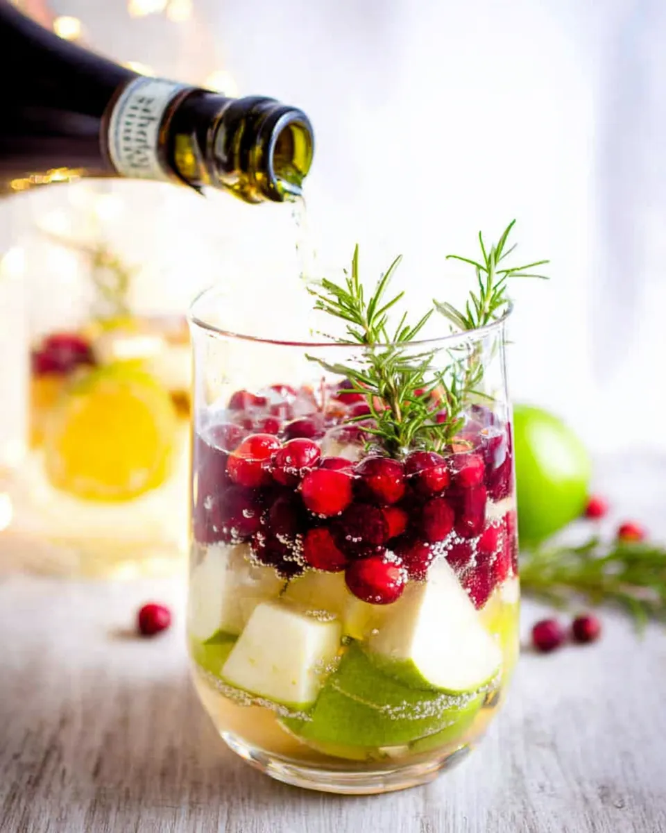 non-alcoholic white sangria A clear glass filled with green apples, cranberries, and rosemary is being topped off with a sparkling beverage being poured from a bottle.
