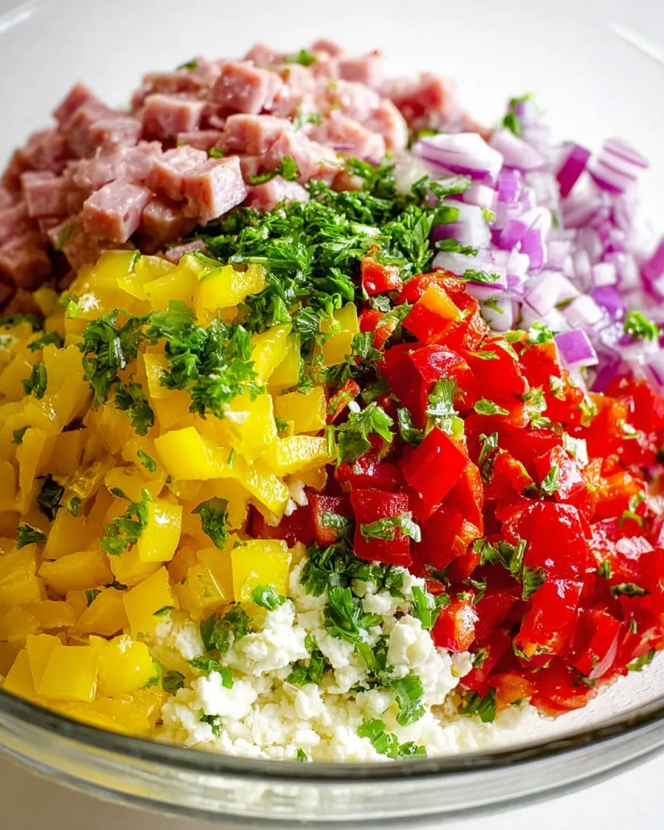 A close-up overhead shot of a glass mixing bowl filled with neatly piled, finely chopped ingredients: diced salami, diced red onion, diced red bell pepper, diced yellow bell pepper, crumbled feta cheese, and fresh parsley, all ready to be mixed.