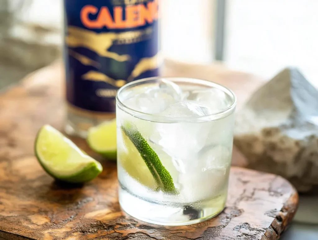 A non-alcoholic gin and tonic in a lowball glass, filled with large ice cubes and garnished with a lime wheel. A blue can of Caleno non-alcoholic spirit is visible in the background, out of focus.
