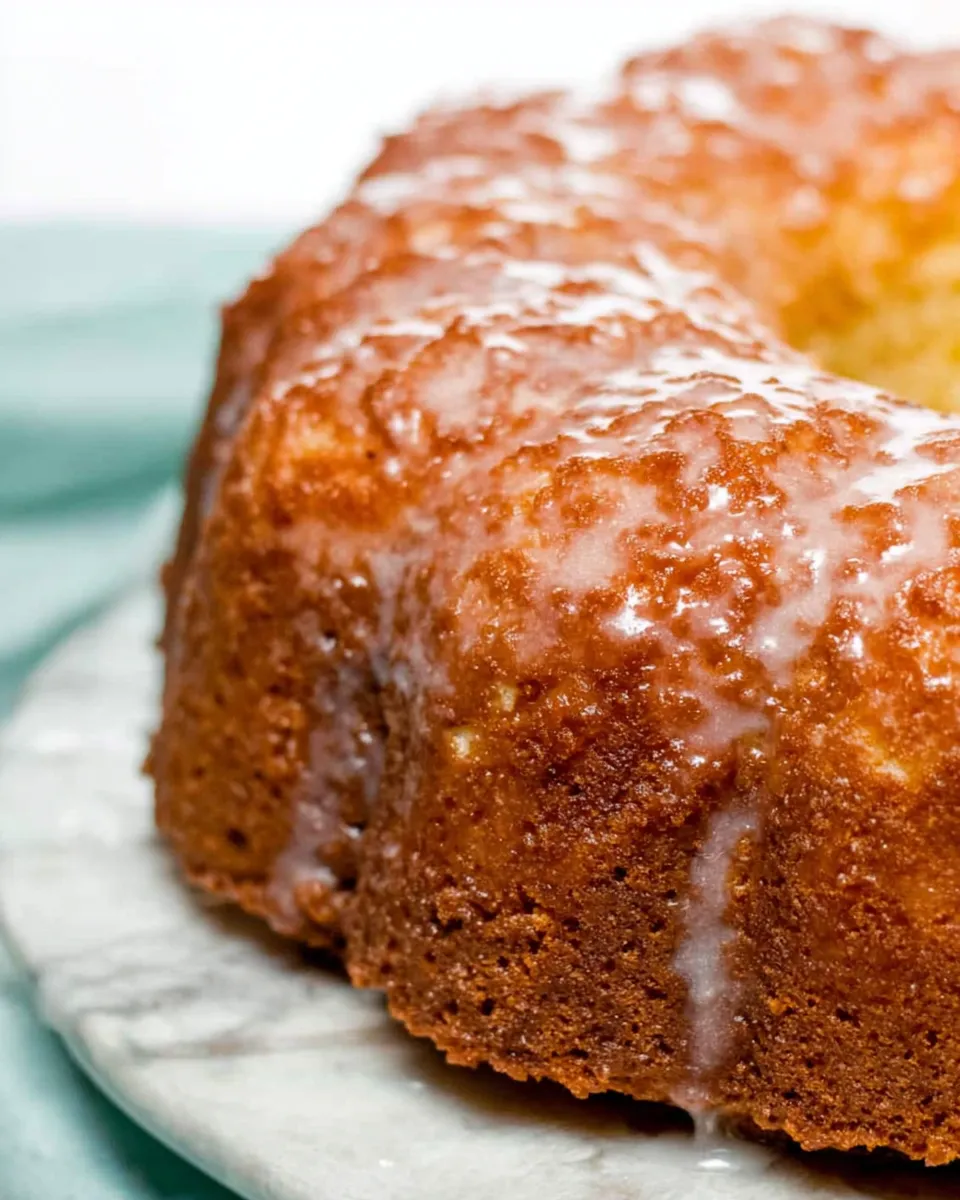 Close-up of a golden brown pineapple pound cake on a white scalloped plate, featuring a glossy white glaze dripping down the ridged sides.
