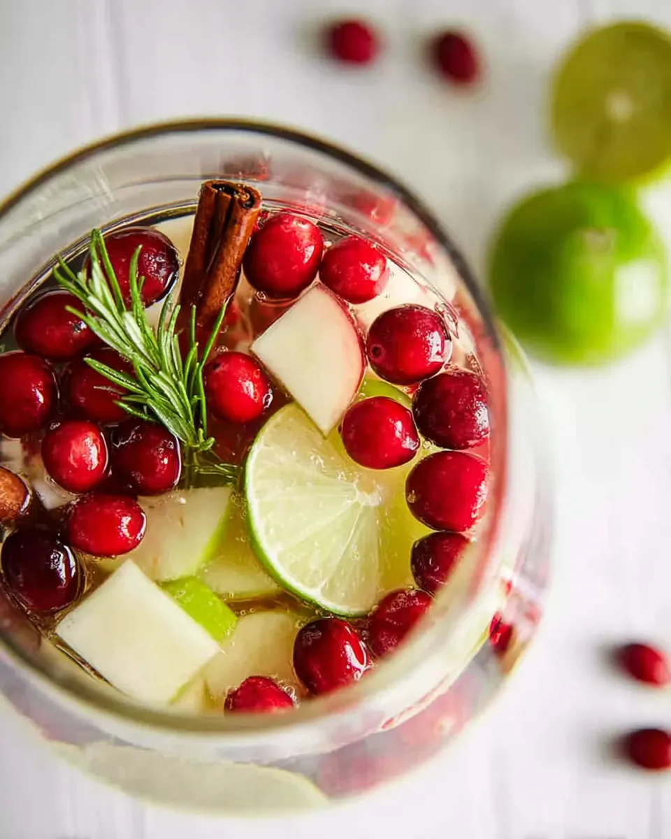 non-alcoholic white sangria An overhead close-up view of a glass of white sangria mocktail, showing fresh cranberries, apple chunks, a lime slice, a cinnamon stick, and a rosemary garnish.