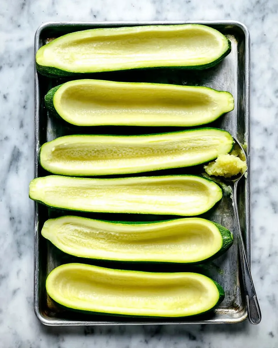 Overhead flat lay of six raw zucchini halves hollowed out into boats on a metal baking sheet, with a metal spoon resting on the side containing scooped pulp.